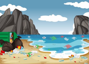 Bir kirli beach kirliliği arka plan illüstrasyon