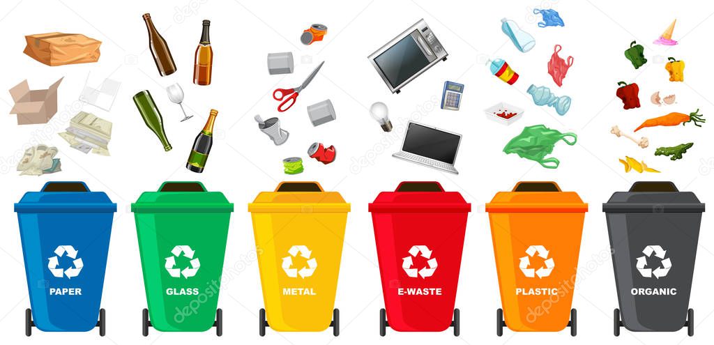 Set of different trash bin illustration