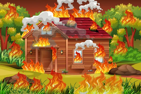Drewniany Dom Ogień Ilustracja — Wektor stockowy