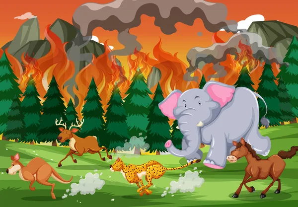 Wild animals run away from wildfire illustration
