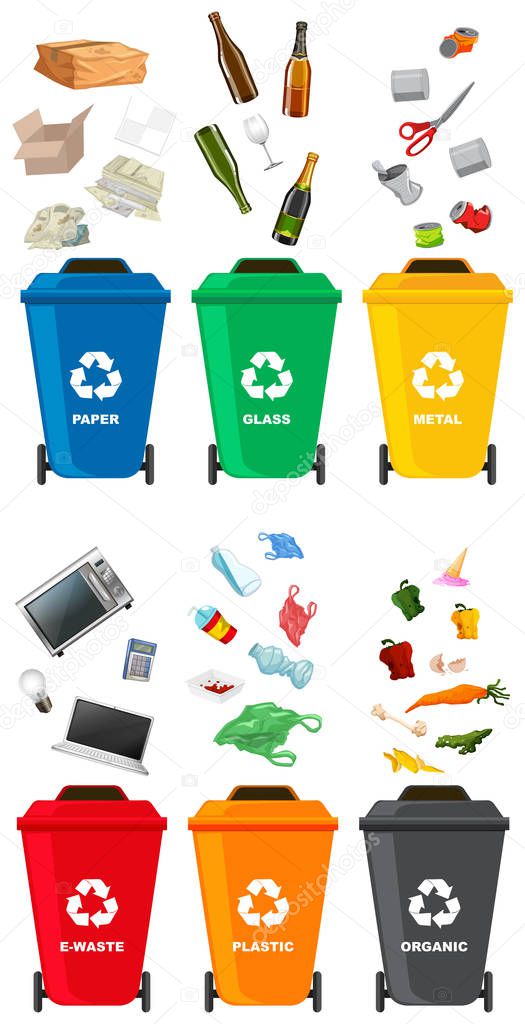 Set of different trash can illustration