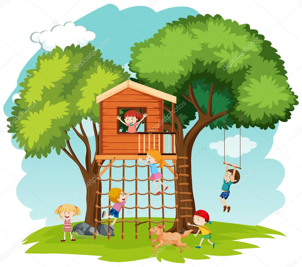 Children playing at tree house illustration