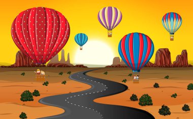 Çöl illüstrasyon, sıcak hava balonu seyahat