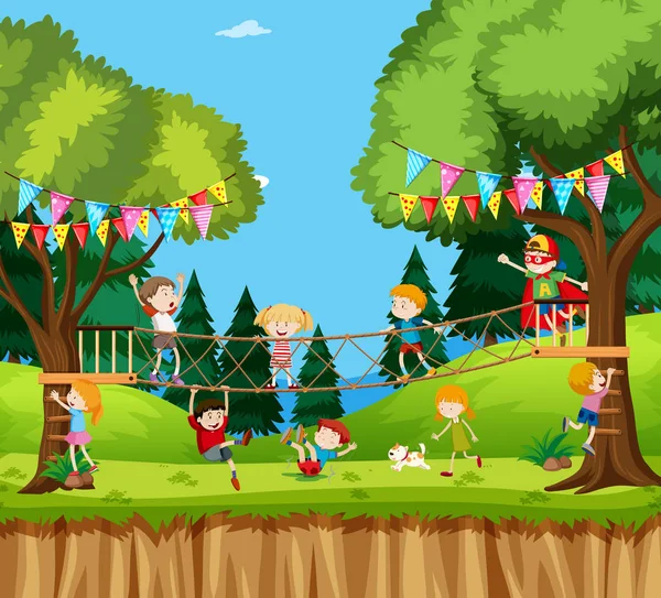 Çizim Çocuklar Ağaç Oyun Macera — Stok Vektör