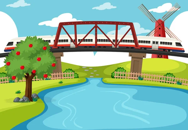 Tren Cruzando Escena Del Río Ilustración — Vector de stock