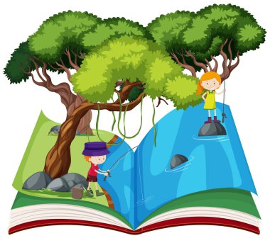 İnsanlar doğa açık kitap çizimde Balık tutma