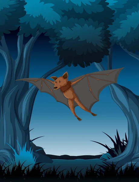 A bat flying at night forest illustration