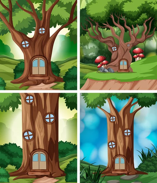 Σύνολο Treehouse Στην Απεικόνιση Της Φύσης — Διανυσματικό Αρχείο
