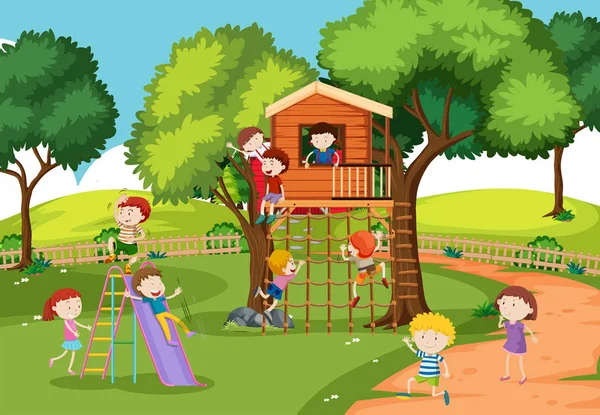 Crianças Casa Árvore Ilustração — Vetor de Stock