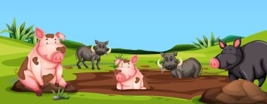 Pigs and warthogs in mud scene illustration clipart