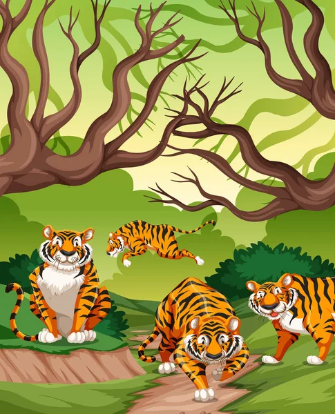 Tigers Jungle Scene Illustration — Stock Vector