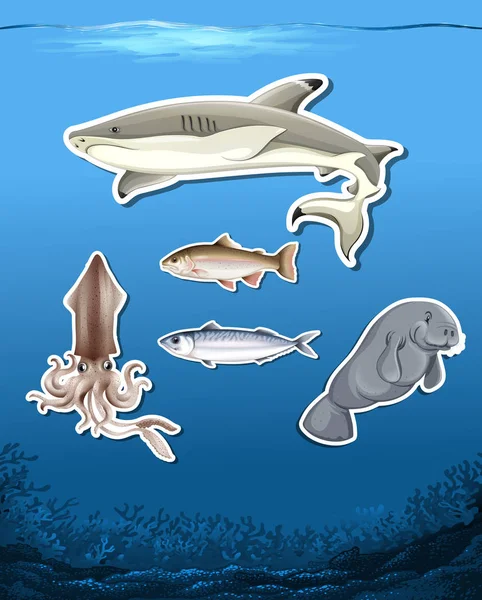 Animais Oceano Adesivos Fundo Mar Ilustração —  Vetores de Stock