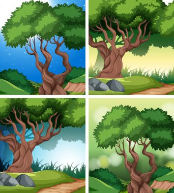 Tropikal yağmur ormanları arka plan illüstrasyon kümesi