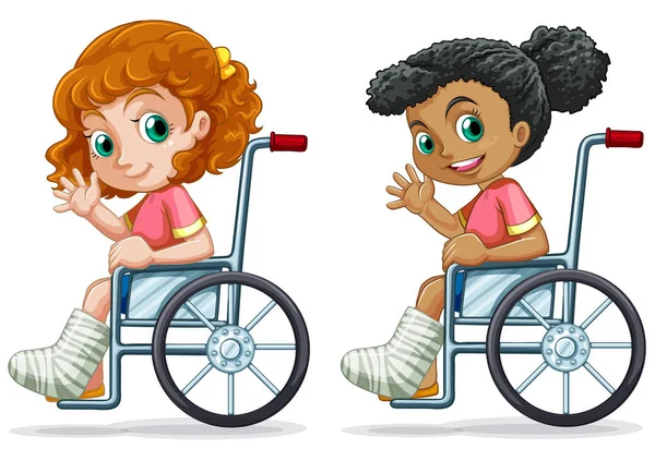 Set Girls Wheelchair Illustration — Stock Vector