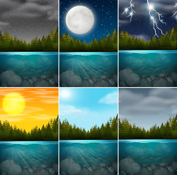 Conjunto Diferentes Escenas Del Lago Ilustración — Vector de stock