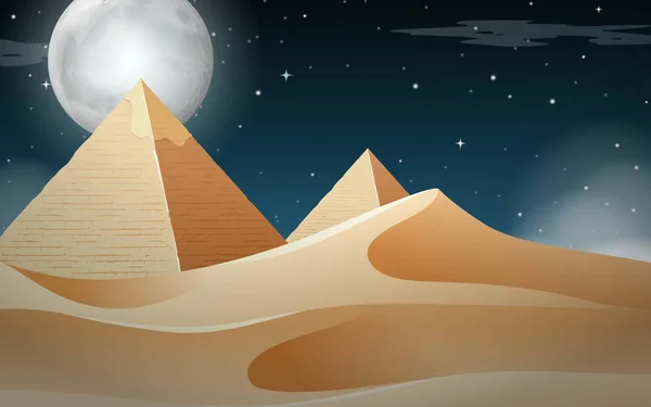 Piramide Notturna Deserto Scena Illustrazione — Vettoriale Stock