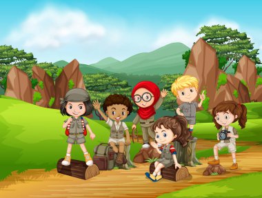 Grup izci çocuklar sahne şekil