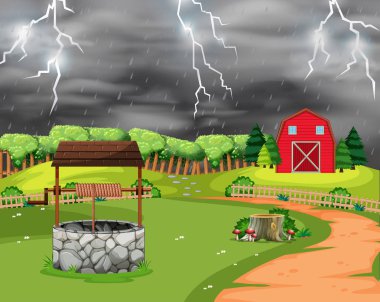 Şimşek fırtına peyzaj sahne illüstrasyon