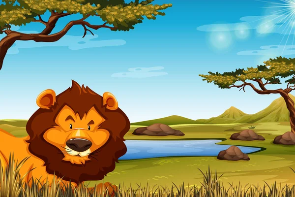 Lion Afrikaanse Landschap Scène Afbeelding — Stockvector