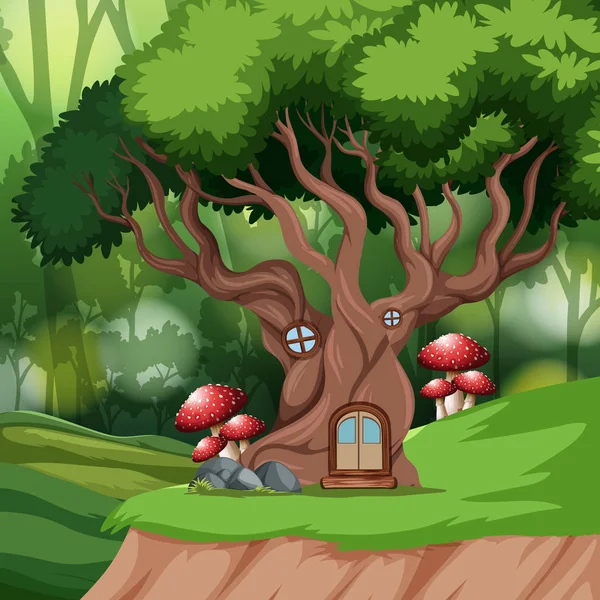 Árvore Casa Madeira Cena Ilustração — Vetor de Stock