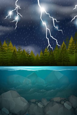 Şimşek fırtına ahşap Gölü sahne illüstrasyon