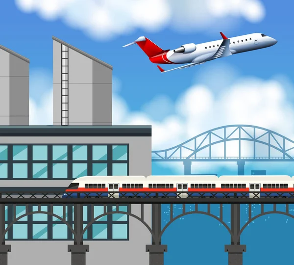 Trein Vliegveld Scène Illustratie — Stockvector