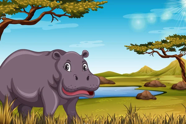 Hippopotamus Savanna Scene Illustration — Stock Vector