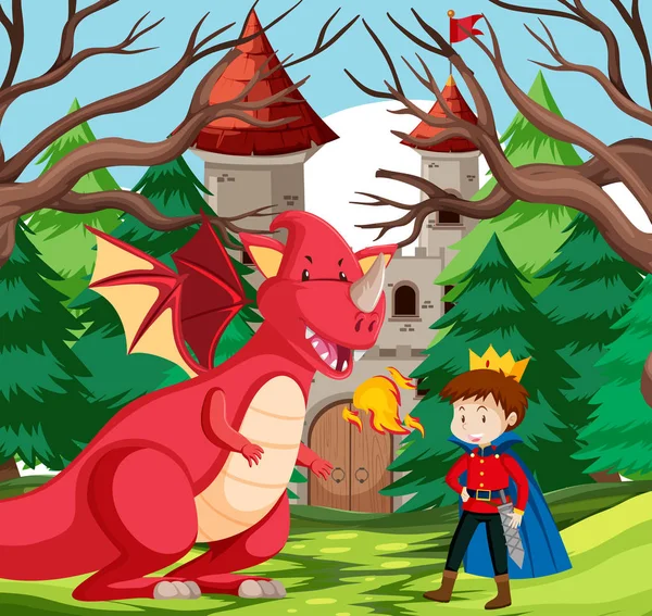 Um rei e um dragão no castelo —  Vetores de Stock