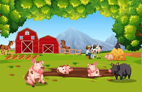 Landbouwhuisdieren op landbouwgrond — Stockvector