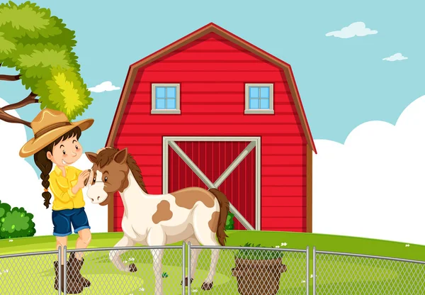 Ένα κορίτσι με άλογο στο αγρόκτημα — Διανυσματικό Αρχείο