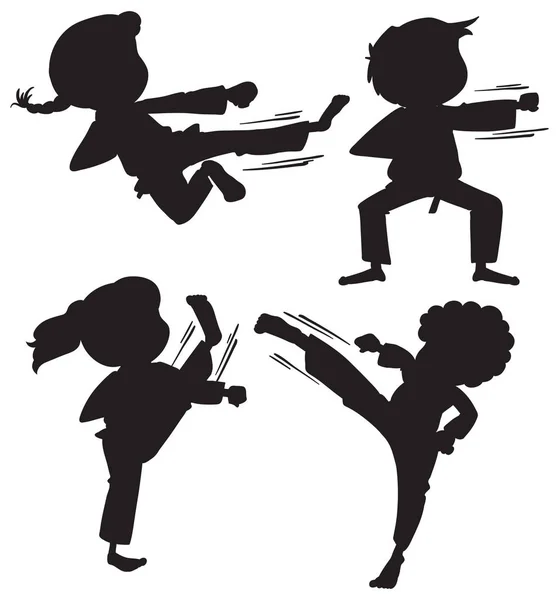 Conjunto de niños de karate silueta — Vector de stock