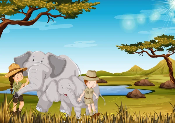 Зоограф со слоном в зоопарке — стоковый вектор