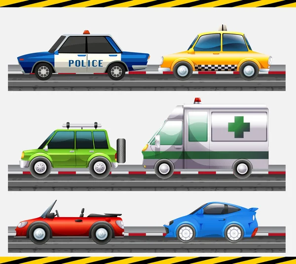 Conjunto de coches diferentes en la carretera — Vector de stock