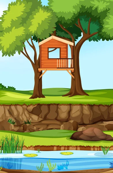 Casa del árbol en la naturaleza — Vector de stock