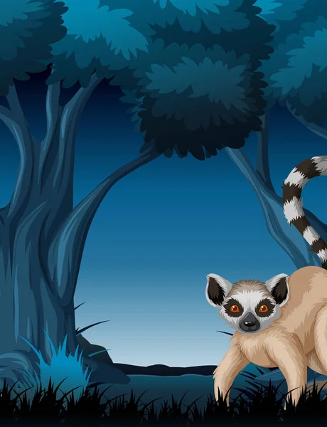 Lemur, stojící poblíž stromu v noci — Stockový vektor