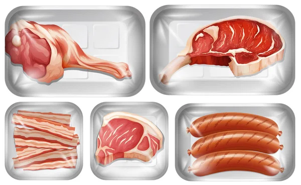 Set of meat warpping in the tray — Stock Vector