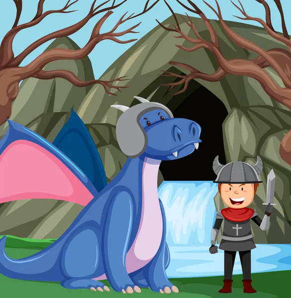 Caballero con dragón en el bosque — Vector de stock