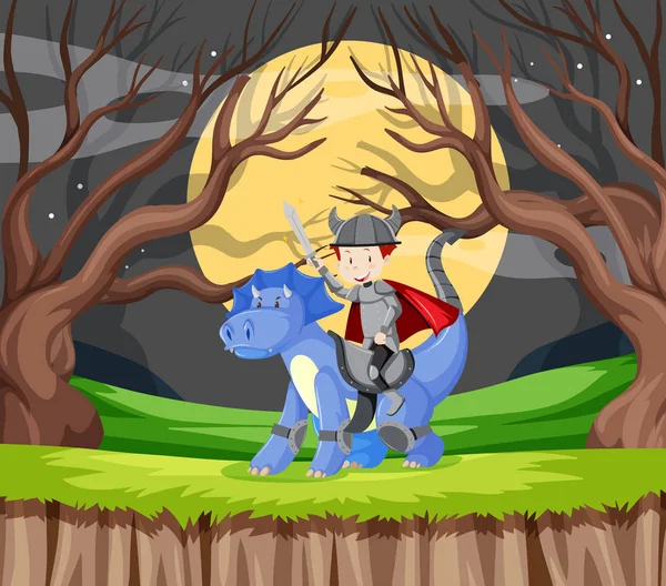 Caballero y dragón en el bosque — Vector de stock