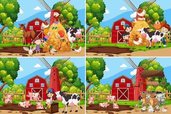 Conjunto de niños jugando en la granja — Vector de stock