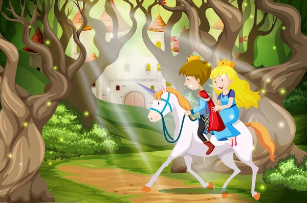 王子和公主骑着独角兽的场景 — 图库矢量图片