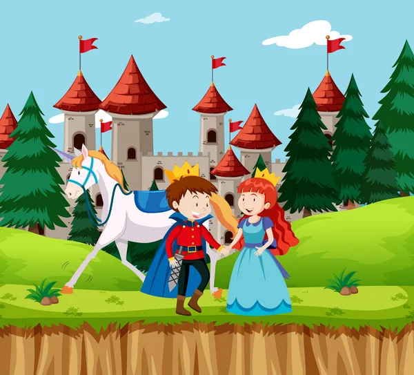 Princesa y príncipe en el castillo — Vector de stock