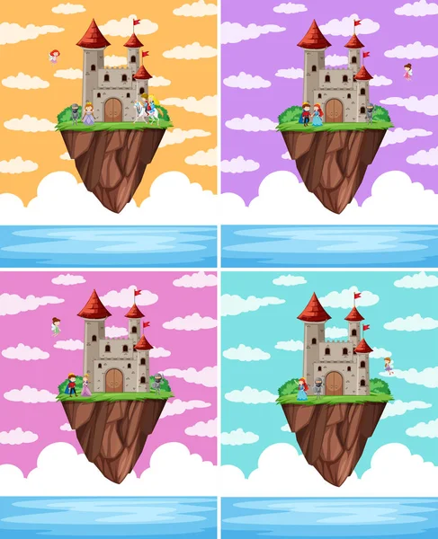 Conjunto de isla castillo de fantasía — Vector de stock