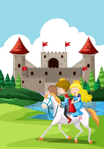 Feliz príncipe y príncipes en el castillo — Vector de stock