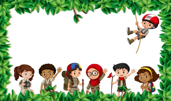 Wielokulturowe dzieci w scenie liści — Wektor stockowy