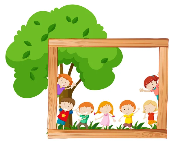 Crianças em cena quadro de madeira — Vetor de Stock
