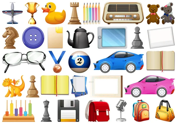 Assortiment d'objets et jouets de bureau, de maison et d'école isolat — Image vectorielle