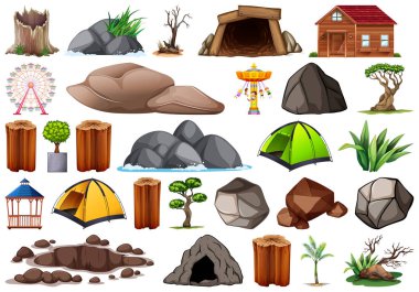 Açık doğa temalı nesneler ve bitki elemanları koleksiyonu