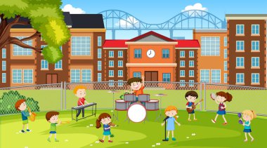 Active kids playing in outdoor scene clipart