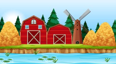 Doğal çevre sahneleri çiftlik ve nehir ile manzara