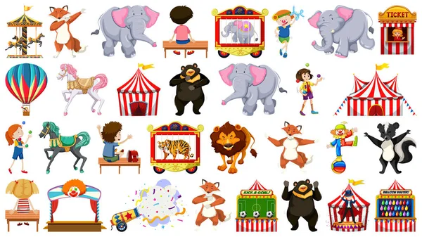 Enorme colección de circo con animales mezclados, personas, payasos y ri — Vector de stock